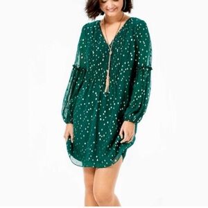 Elegant Lilly Pulitzer Silk Cleme Dress in Spruce Green with Gold Metallic dots